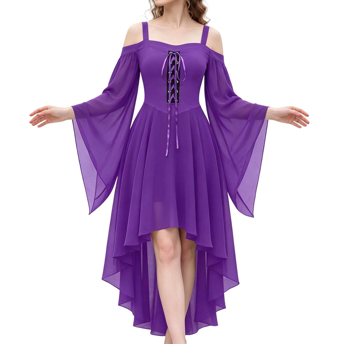Lace Up Cold Shoulder High Low Gothic Dress - Purple