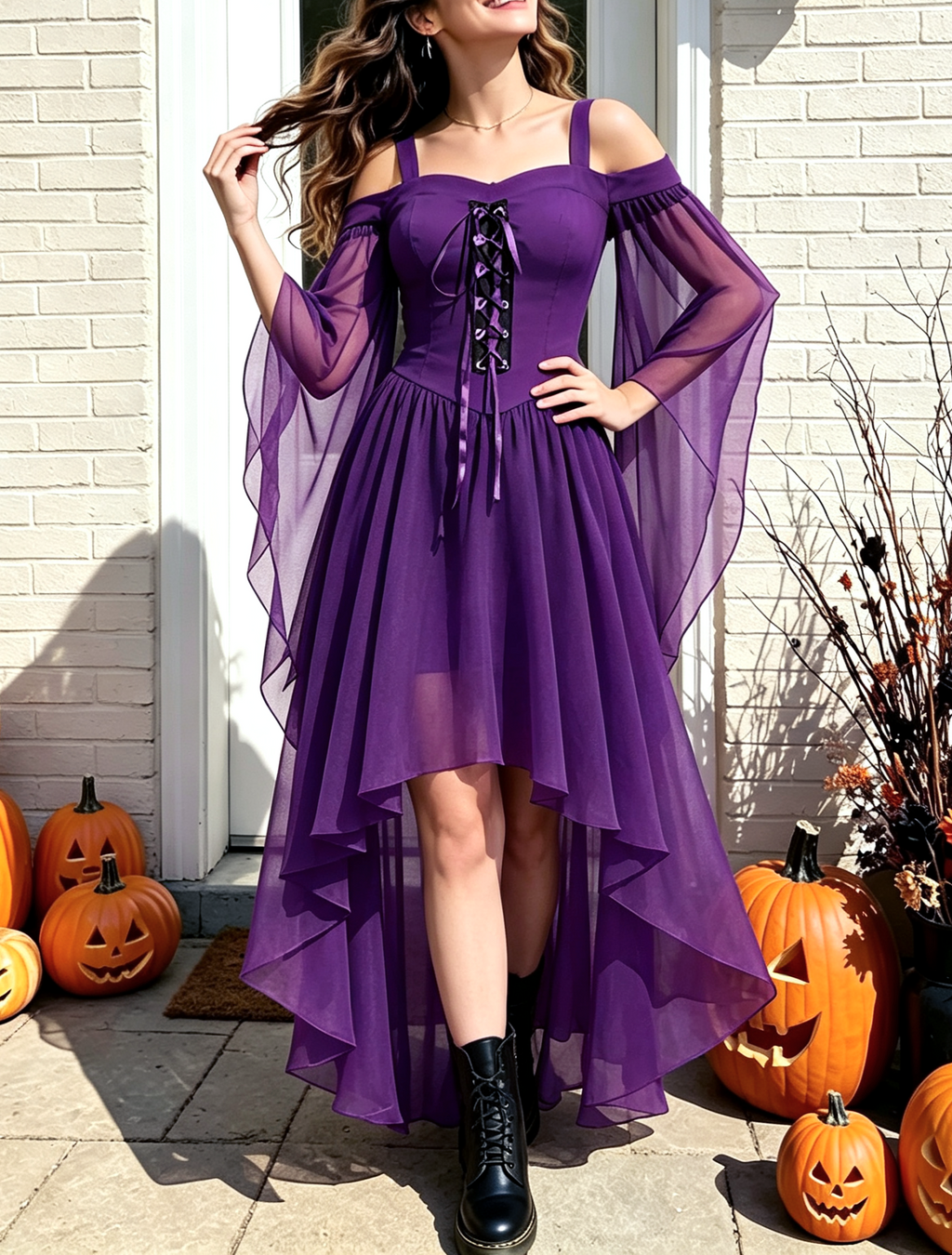 Lace Up Cold Shoulder High Low Gothic Dress - Purple - 1