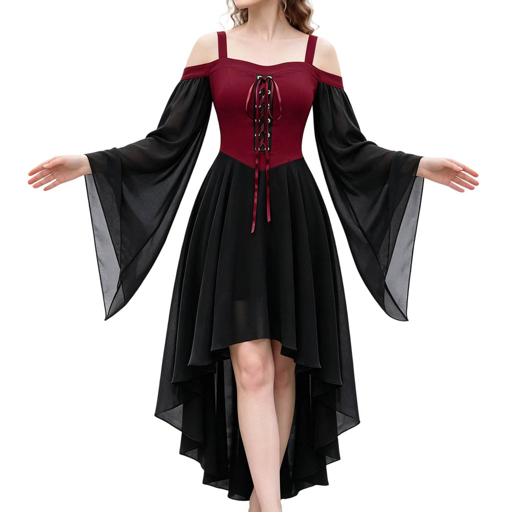 Lace Up Cold Shoulder High Low Gothic Dress - RBlack