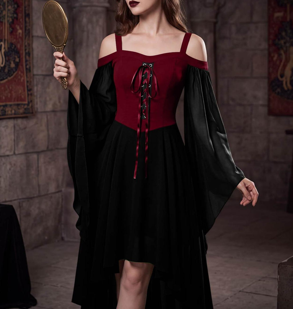 Lace Up Cold Shoulder High Low Gothic Dress - RBlack - 1