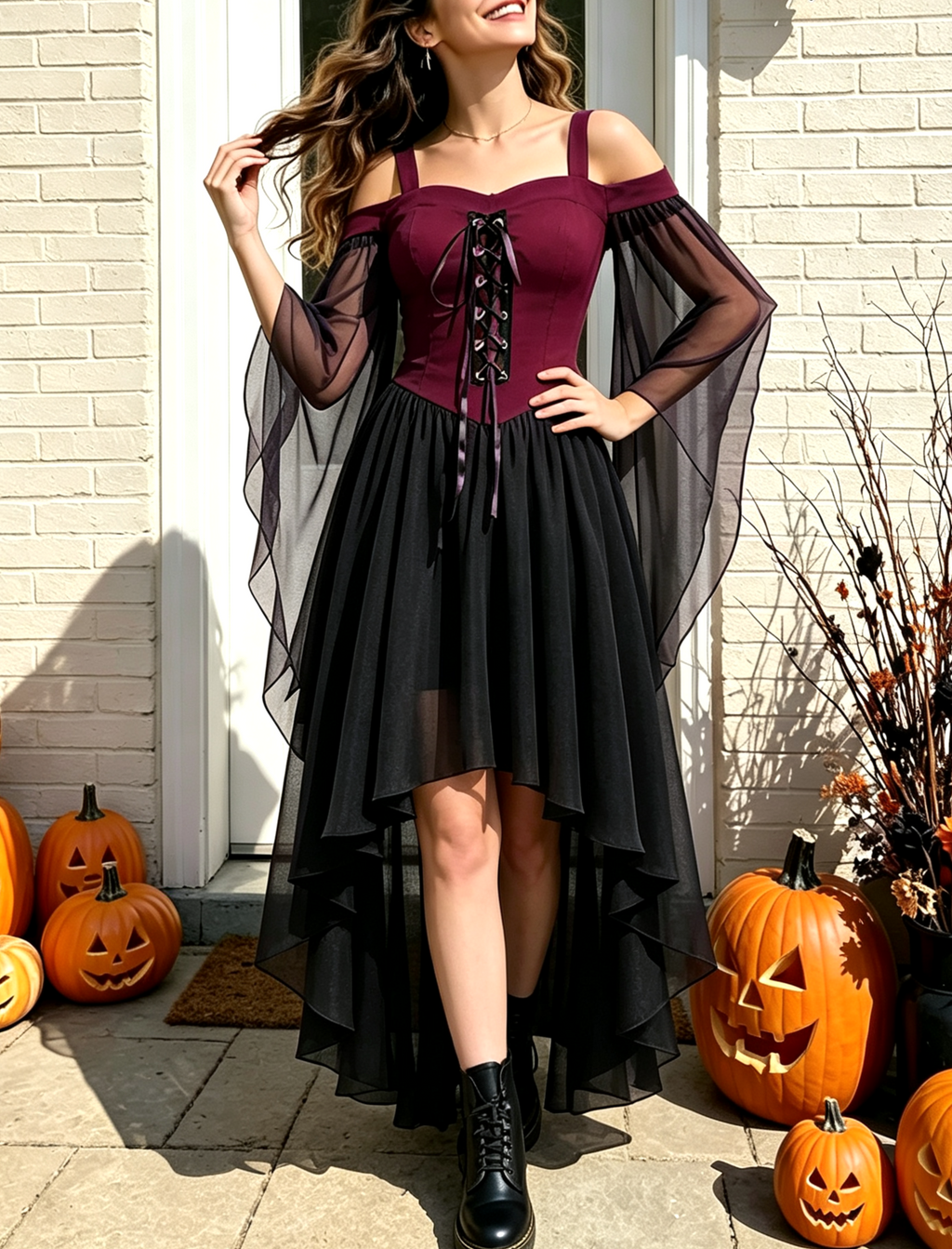 Lace Up Cold Shoulder High Low Gothic Dress - RBlack - 2