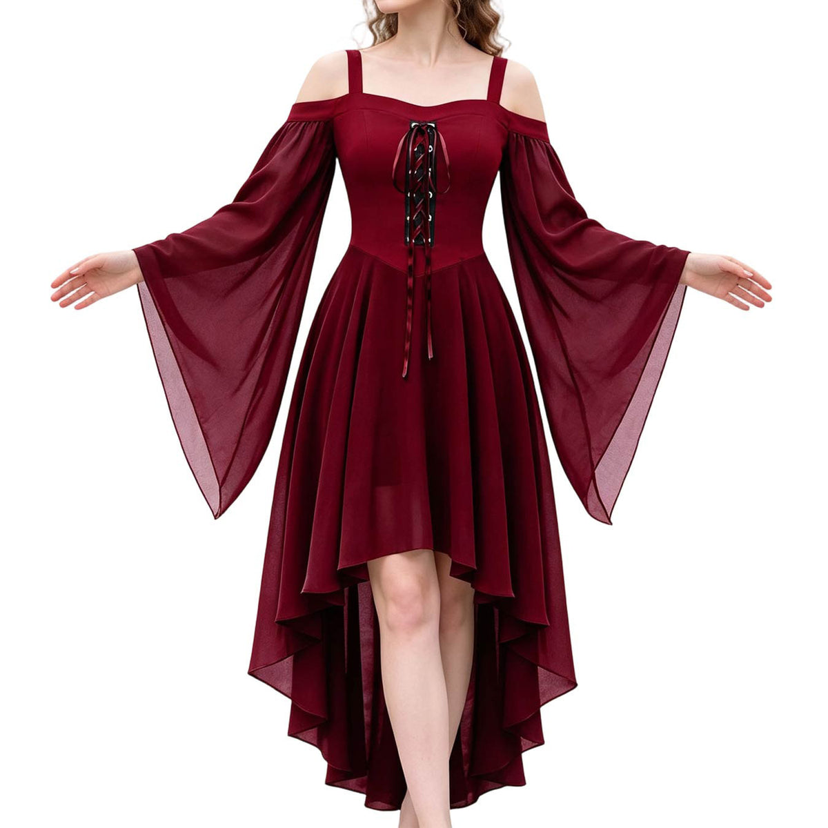 Lace Up Cold Shoulder High Low Gothic Dress - Red