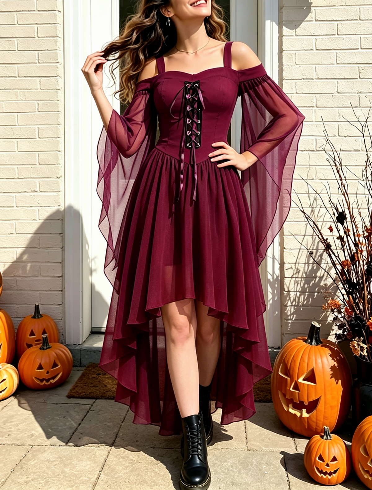 Lace Up Cold Shoulder High Low Gothic Dress - Red - 1