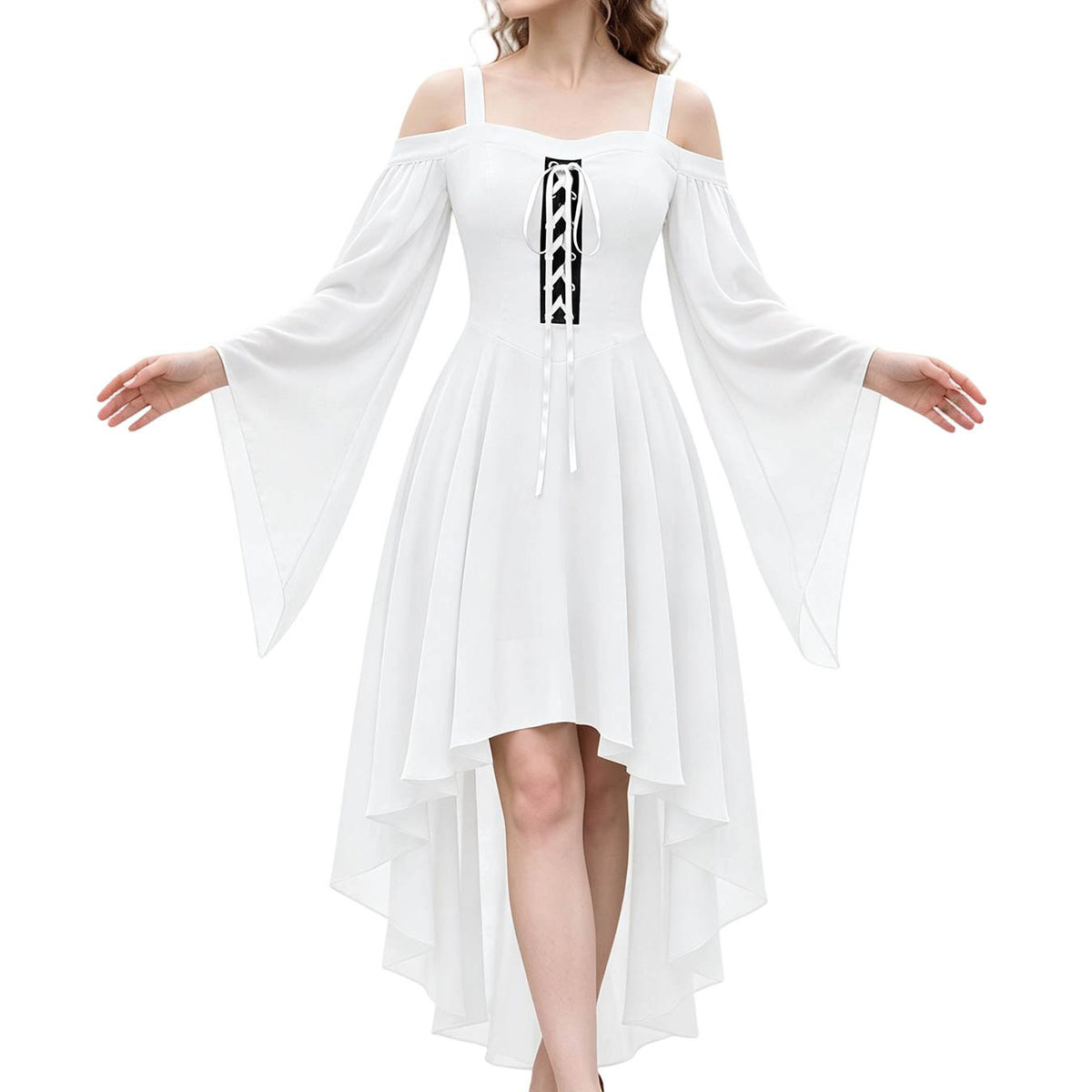 Lace Up Cold Shoulder High Low Gothic Dress - White