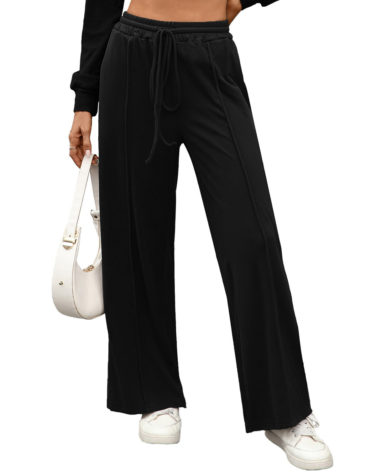 Soft Knit High Waist Wide Leg Pants - Black