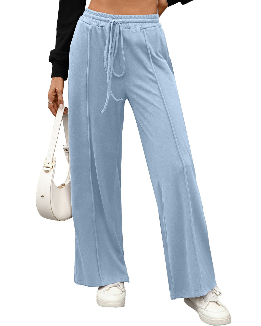 Soft Knit High Waist Wide Leg Pants - Blue