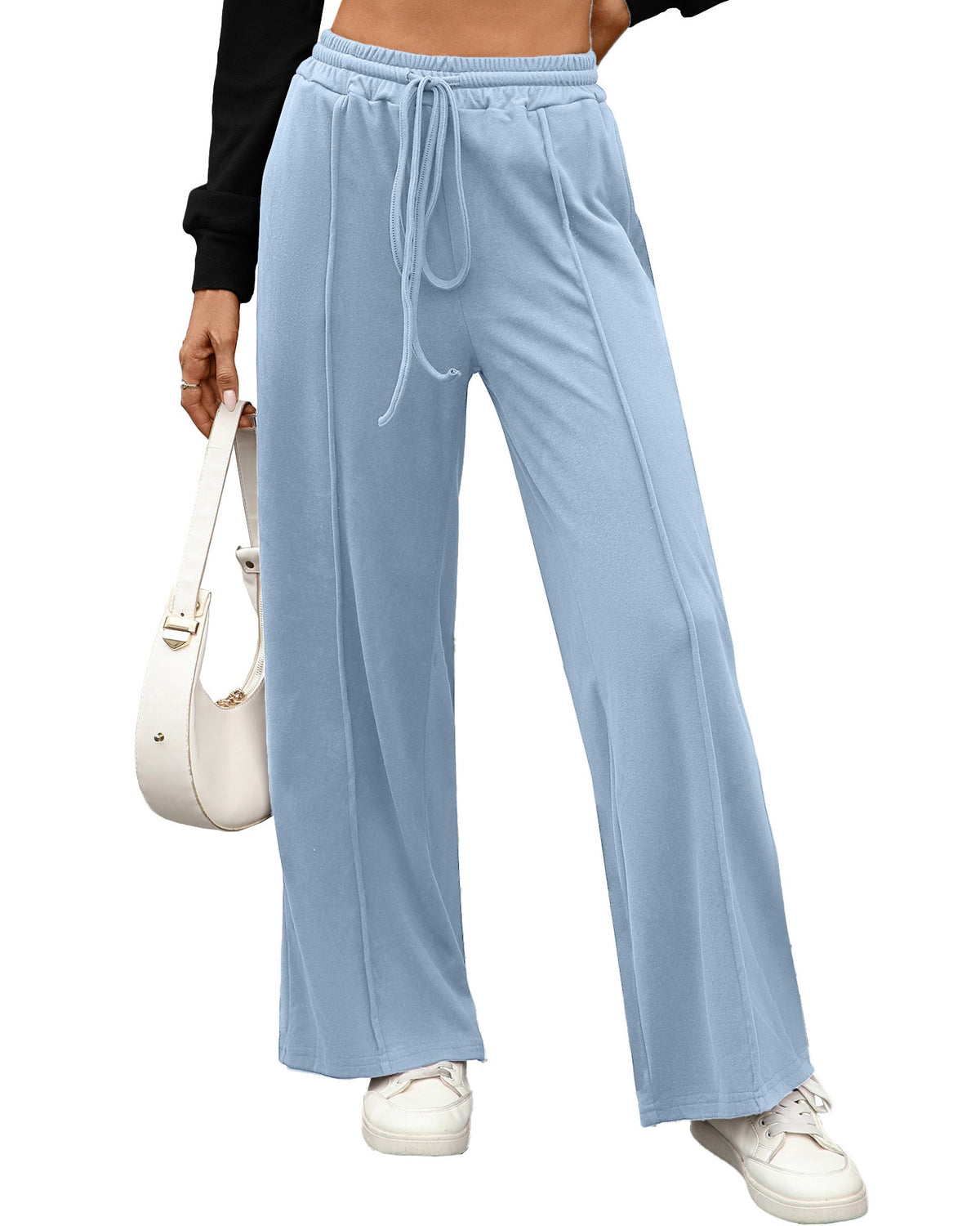 Soft Knit High Waist Wide Leg Pants - Blue