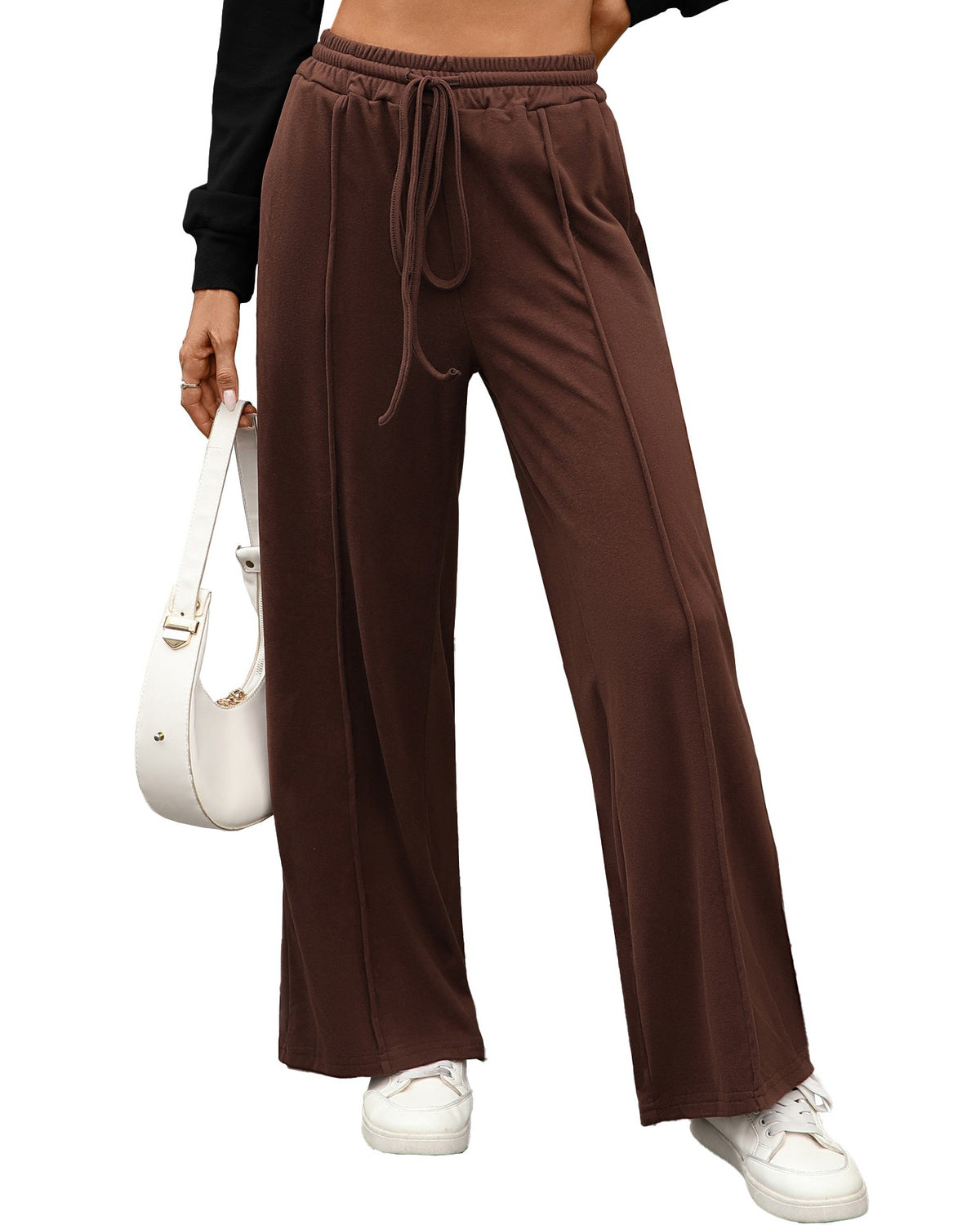 Soft Knit High Waist Wide Leg Pants - Coffee