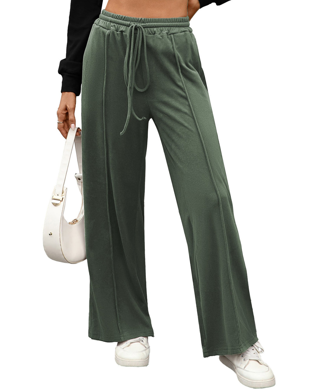 Soft Knit High Waist Wide Leg Pants - Green - 1