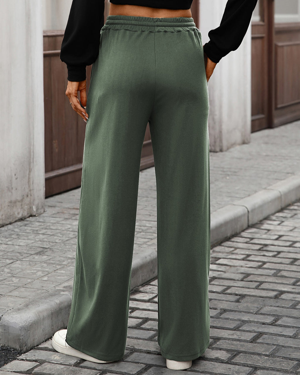 Soft Knit High Waist Wide Leg Pants - Green - 2