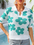 Retro Daisy Jacquard Knit Polo Top - Green