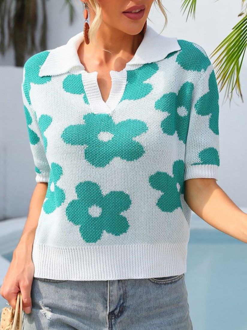 Retro Daisy Jacquard Knit Polo Top - Green - 1