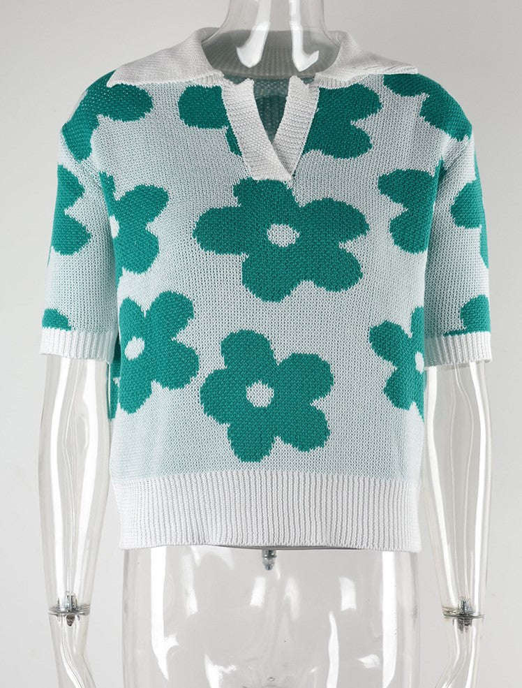Retro Daisy Jacquard Knit Polo Top - Green - 3