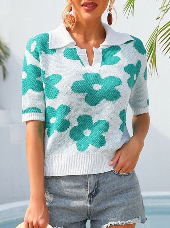 Retro Daisy Jacquard Knit Polo Top - view 1