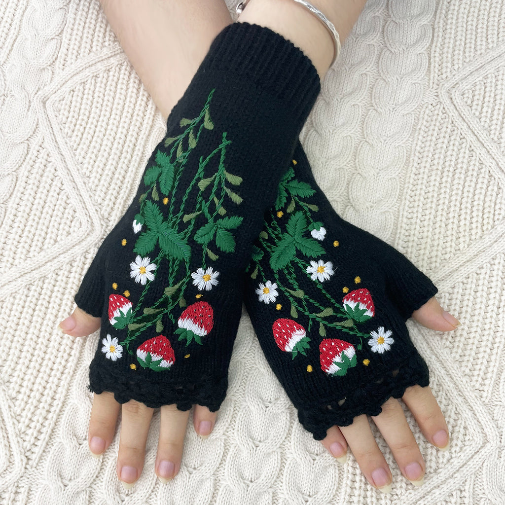 Berry Blossom Knit Arm Warmer Gloves - Black