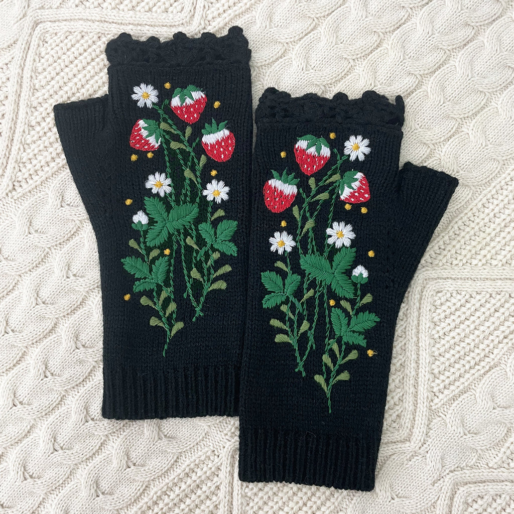 Berry Blossom Knit Arm Warmer Gloves - Black - 1