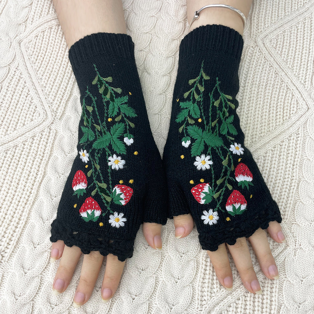 Berry Blossom Knit Arm Warmer Gloves - Black - 2