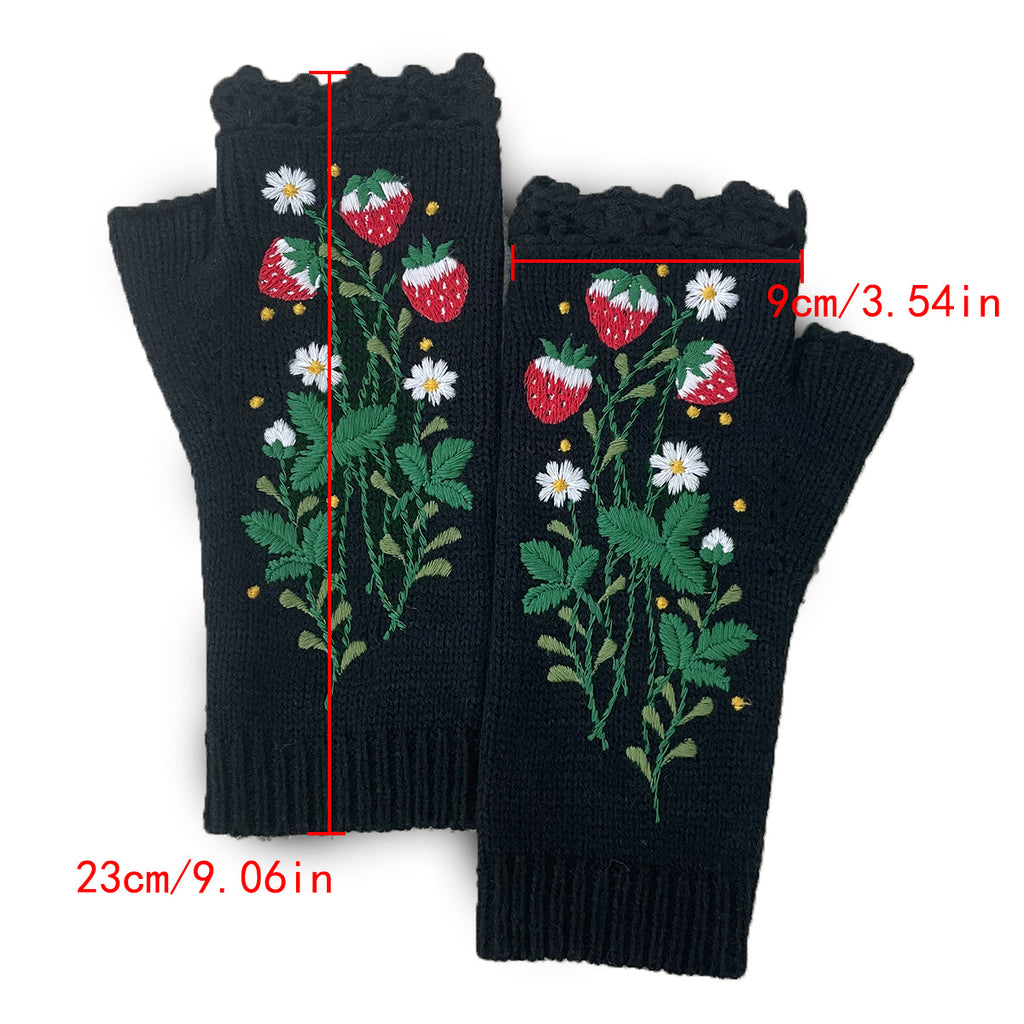 Berry Blossom Knit Arm Warmer Gloves - Black - 4