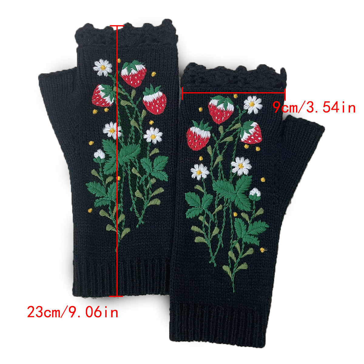 Berry Blossom Knit Arm Warmer Gloves - Black - 4