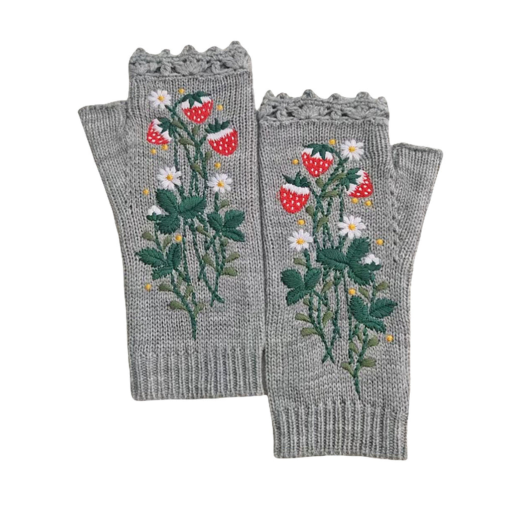 Berry Blossom Knit Arm Warmer Gloves - Grey