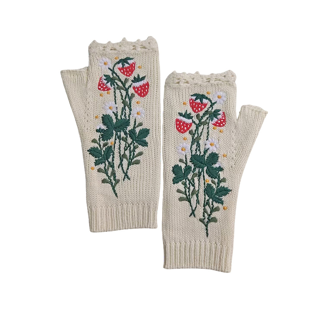 Berry Blossom Knit Arm Warmer Gloves - White