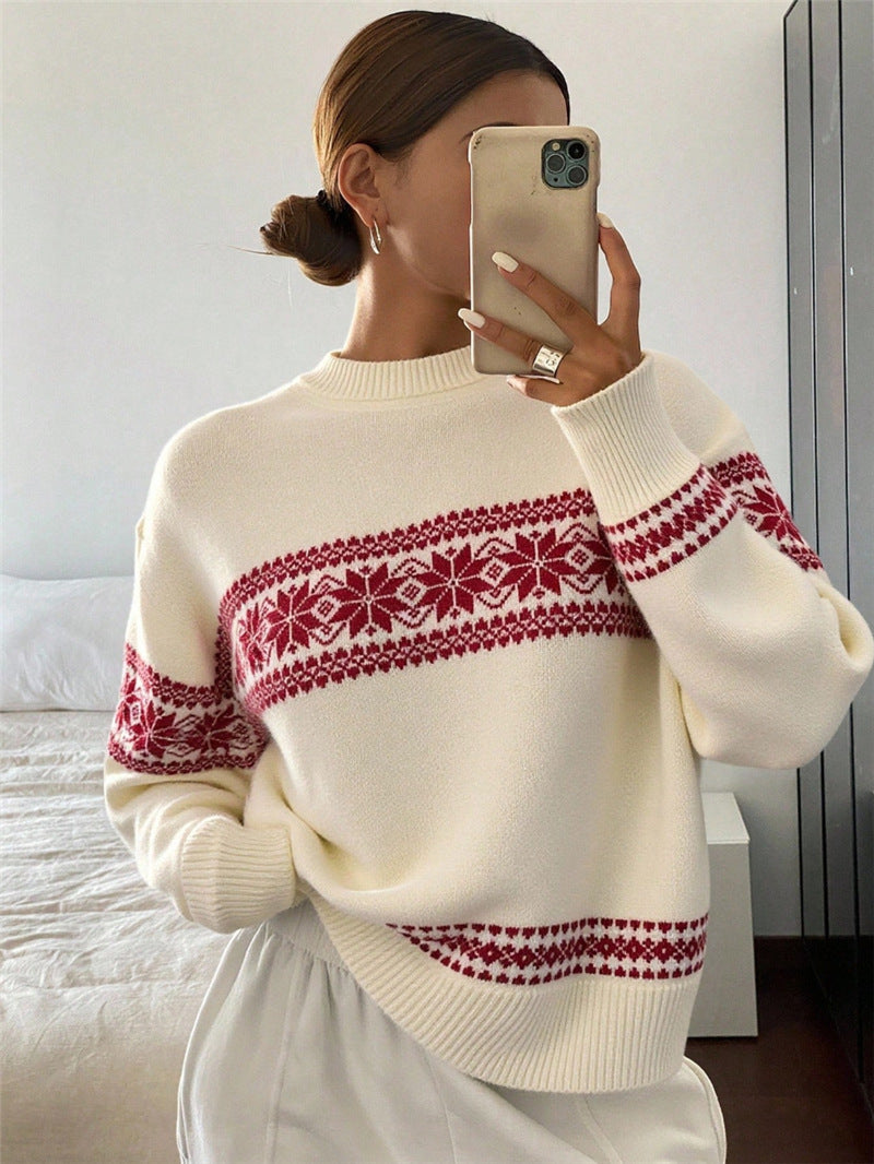 Fair Isle Snowflake Crewneck Christmas Sweater - Beige - 1
