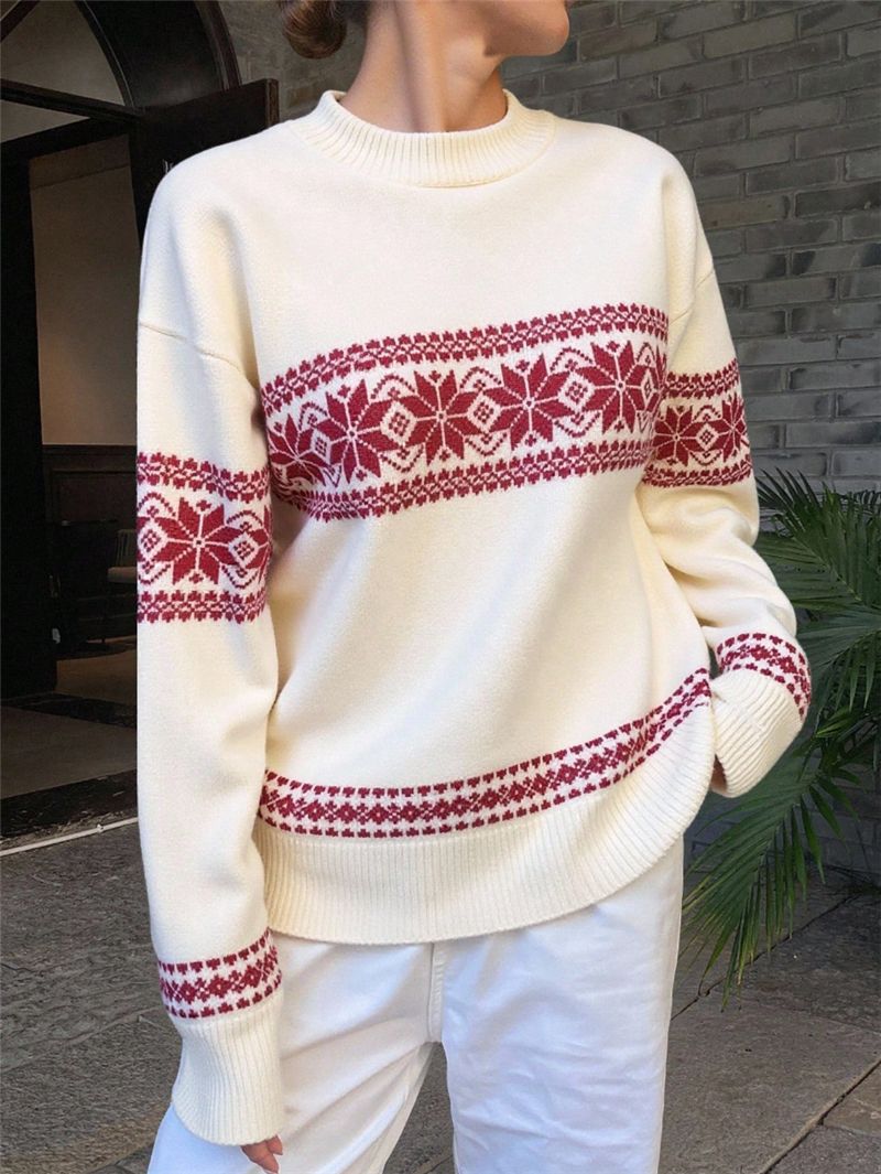 Fair Isle Snowflake Crewneck Christmas Sweater - Beige - 2