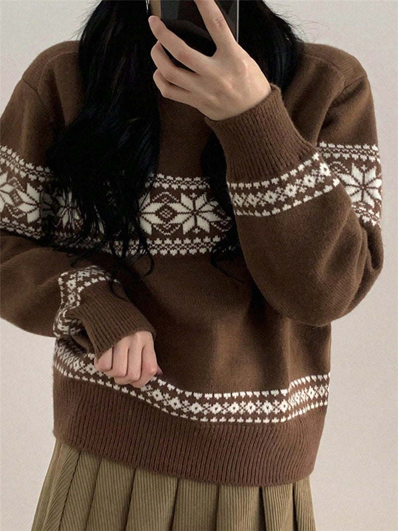 Fair Isle Snowflake Crewneck Christmas Sweater - Coffee