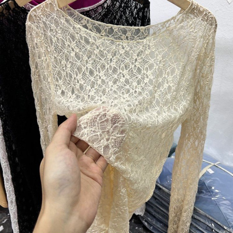 Wide Round Neck Lace Layering Top - Beige