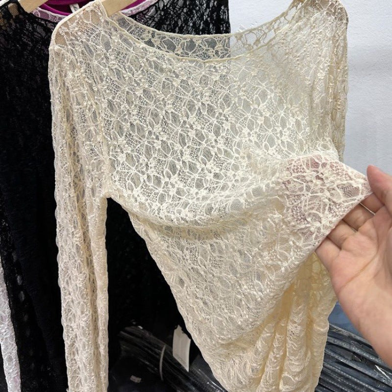 Wide Round Neck Lace Layering Top - Beige - 1