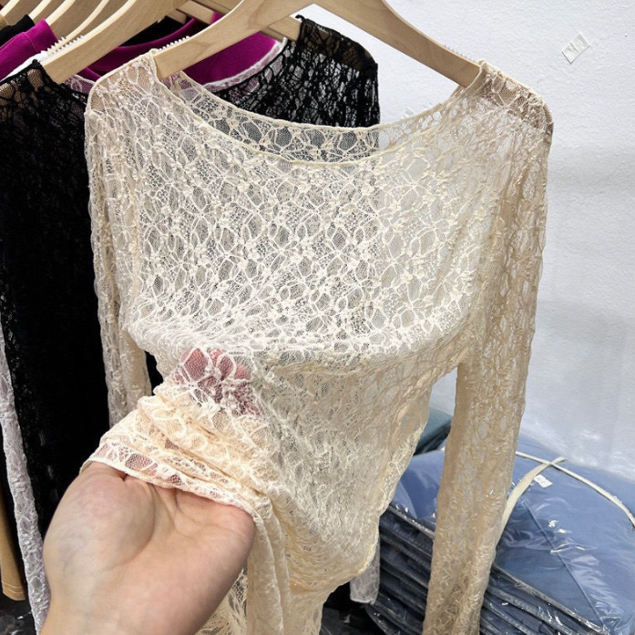 Wide Round Neck Lace Layering Top - Beige - 2