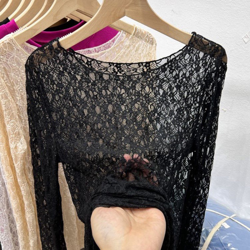 Wide Round Neck Lace Layering Top - black
