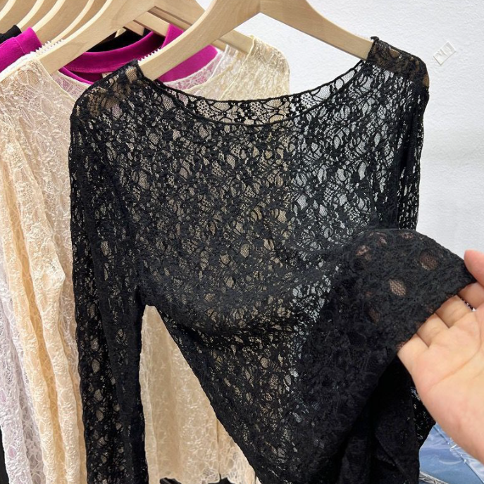 Wide Round Neck Lace Layering Top - black - 1