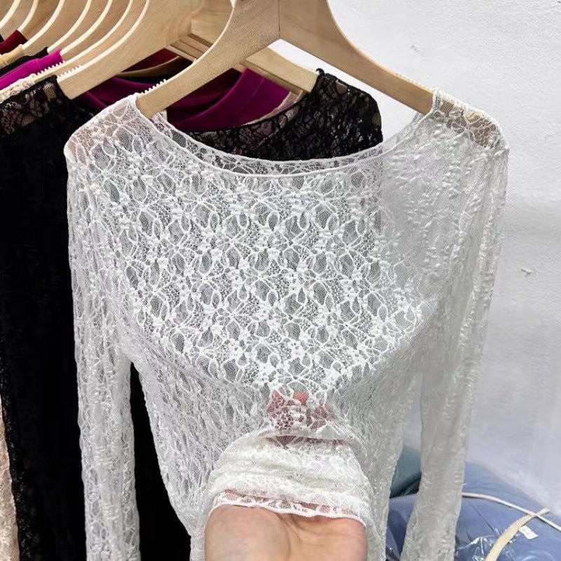 Wide Round Neck Lace Layering Top - white
