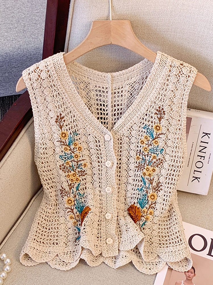 Scalloped Crochet Vest Top With Floral Embroidery - Apricot