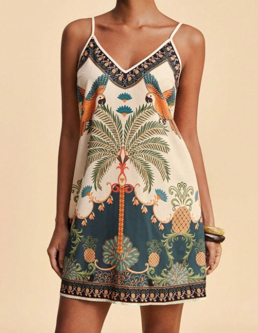 Border Print V Neck Slip Mini Dress - Bird - 1