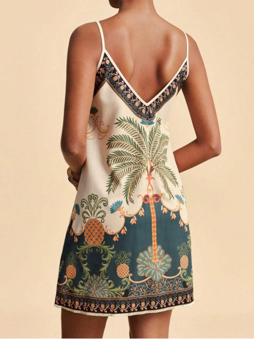 Border Print V Neck Slip Mini Dress - Bird - 2