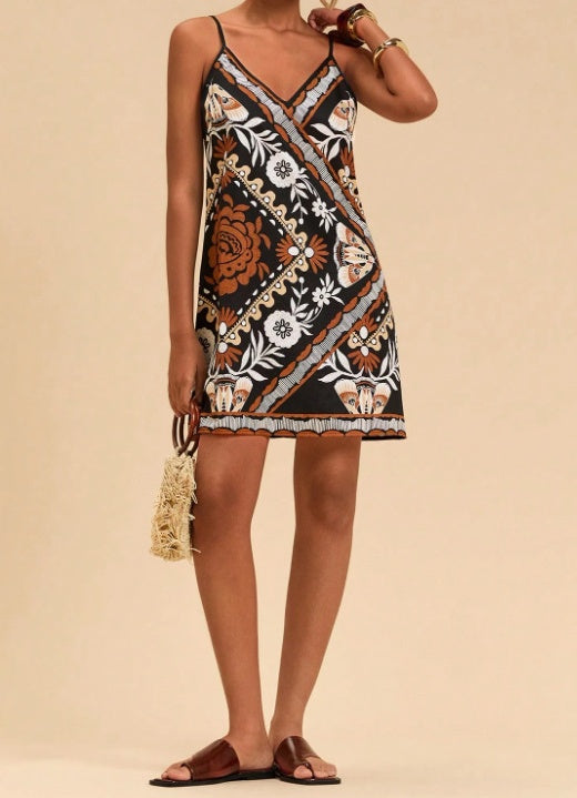 Border Print V Neck Slip Mini Dress - Black - 2