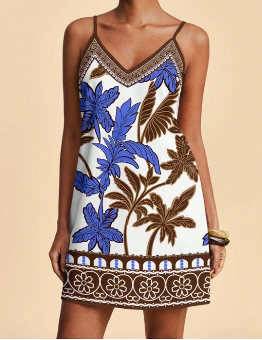 Border Print V Neck Slip Mini Dress - Blue