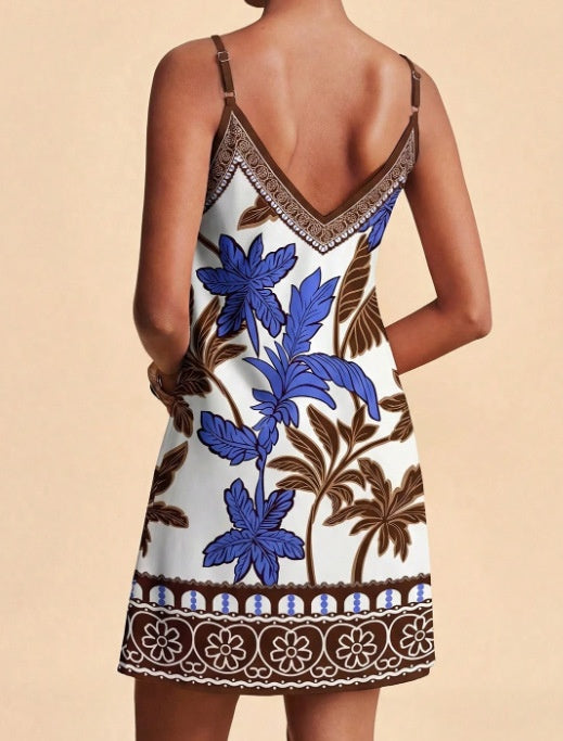 Border Print V Neck Slip Mini Dress - Blue - 1