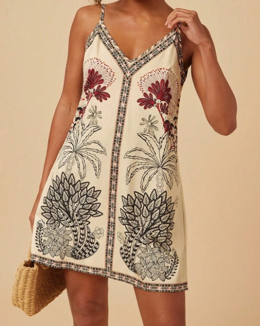 Border Print V Neck Slip Mini Dress - Botanical