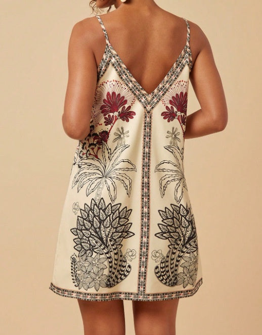 Border Print V Neck Slip Mini Dress - Botanical - 1