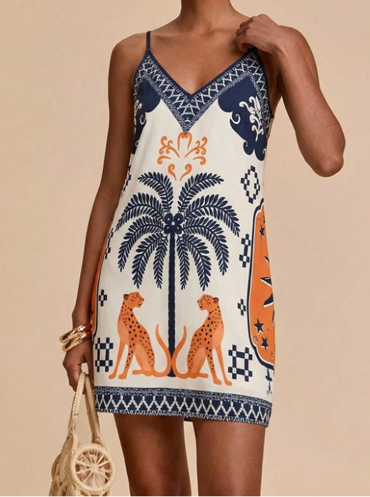 Border Print V Neck Slip Mini Dress - Leopard