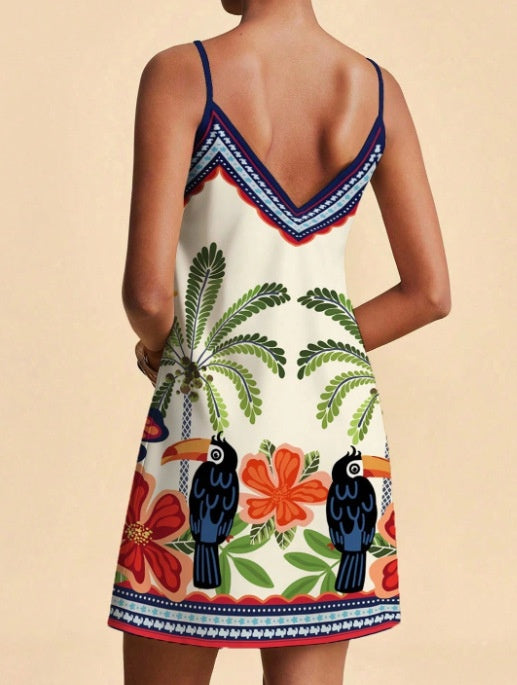 Border Print V Neck Slip Mini Dress - Parrot - 1