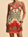 Border Print V Neck Slip Mini Dress - RedBird