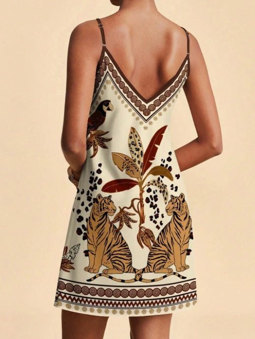 Border Print V Neck Slip Mini Dress - Tiger - 1