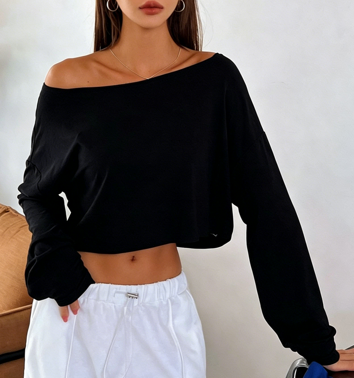 Batwing Sleeve Boat Neck Crop Tee - Black - 1