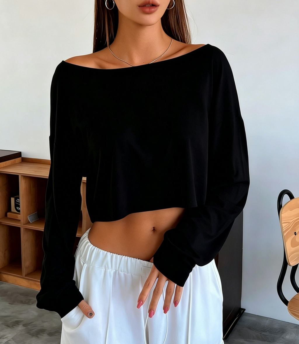 Batwing Sleeve Boat Neck Crop Tee - Black - 2