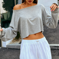 Batwing Sleeve Boat Neck Crop Tee - Grey