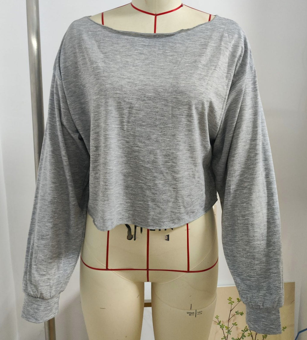 Batwing Sleeve Boat Neck Crop Tee - Grey - 1